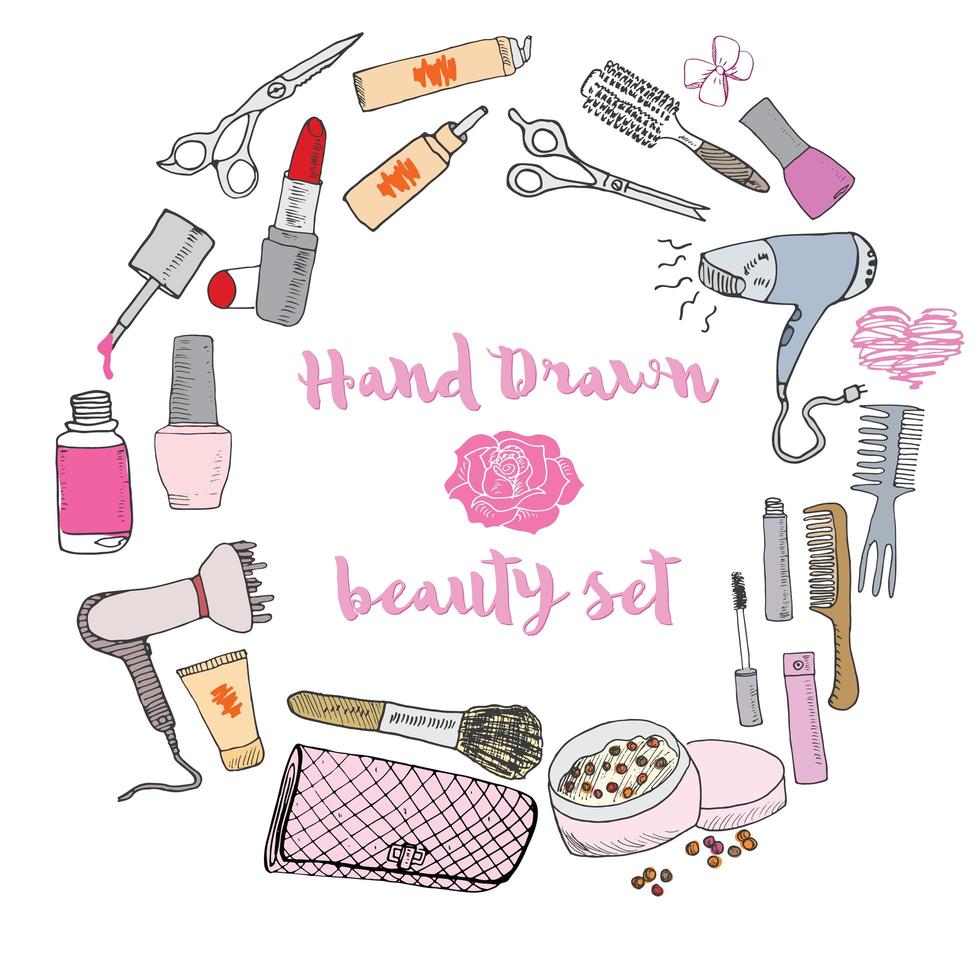 Hand gezeichnete Sammlung von Make-up, Kosmetik und Schönheitsartikeln eingestellt, mit Haarbürsten, Trocknern, Lippenstift und Nägeln Illustration isoliert vektor