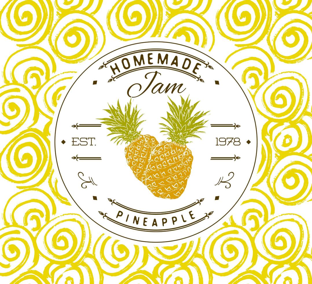 Marmeladenetikett Designvorlage. für Ananas-Dessert-Produkt mit handgezeichneten skizzierten Früchten und Hintergrund. Gekritzel Vektor Ananas Illustration Markenidentität