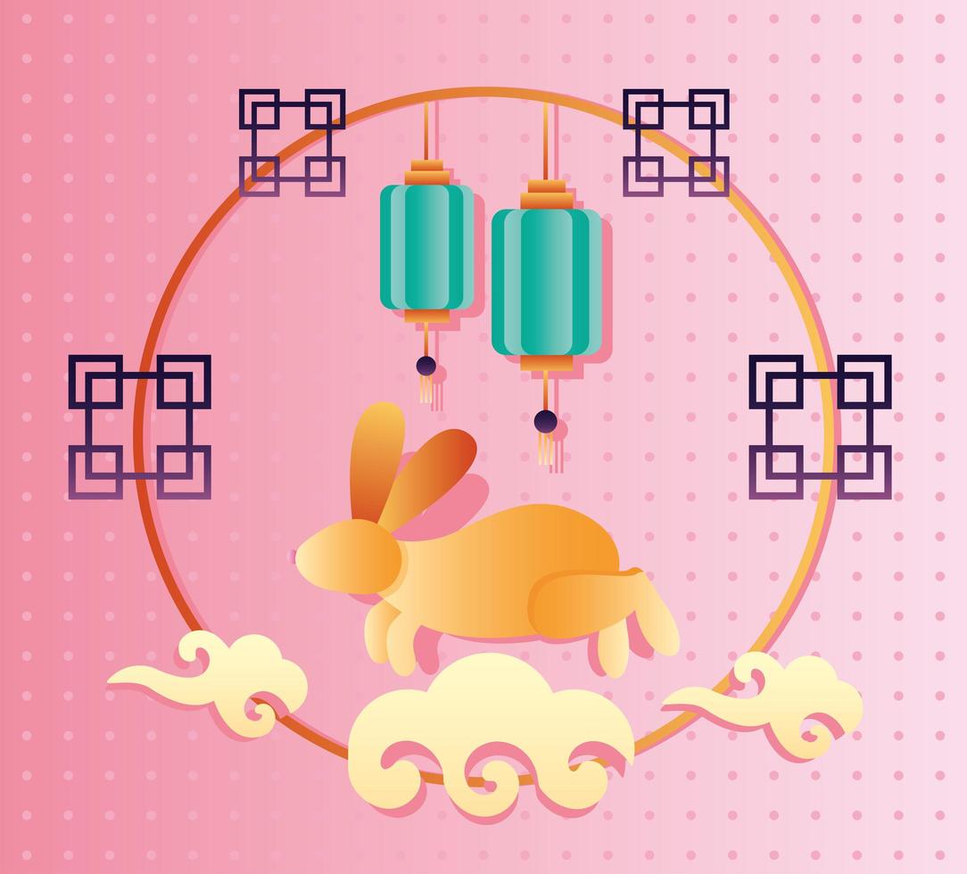 glückliches Mittherbstfestplakat mit Kaninchen und Laternen im kreisförmigen Rahmen vektor