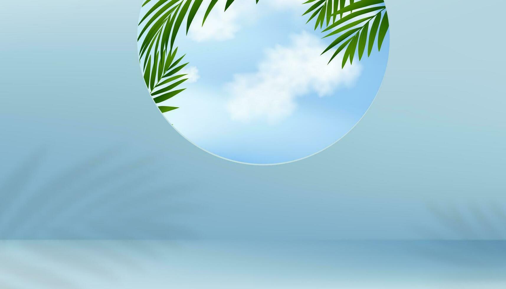 sommar bakgrund, tom blå studio bakgrund visa med handflatan löv, moln, blå himmel på fönster för kosmetisk produkt, vektor falsk upp bakgrund scen för webb banner, rea affär uppkopplad presentation