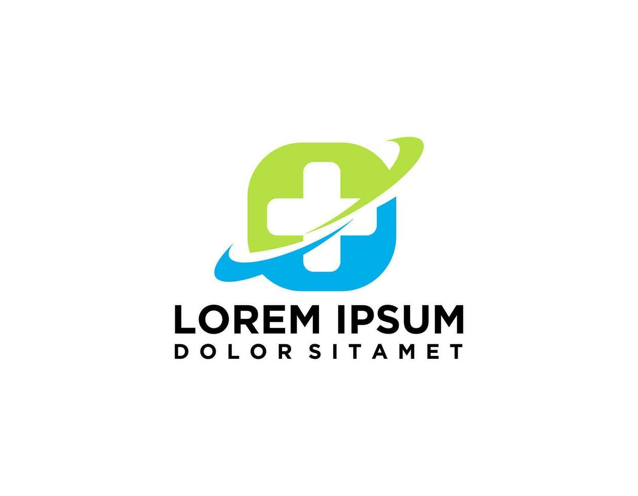 modern sjukvård medicinsk logotyp. blå och gröna geometriska linjära rundade korstecken hälsa ikon oändlighet stil isolerad på mörk bakgrund. platt vektor logotyp designmall element.