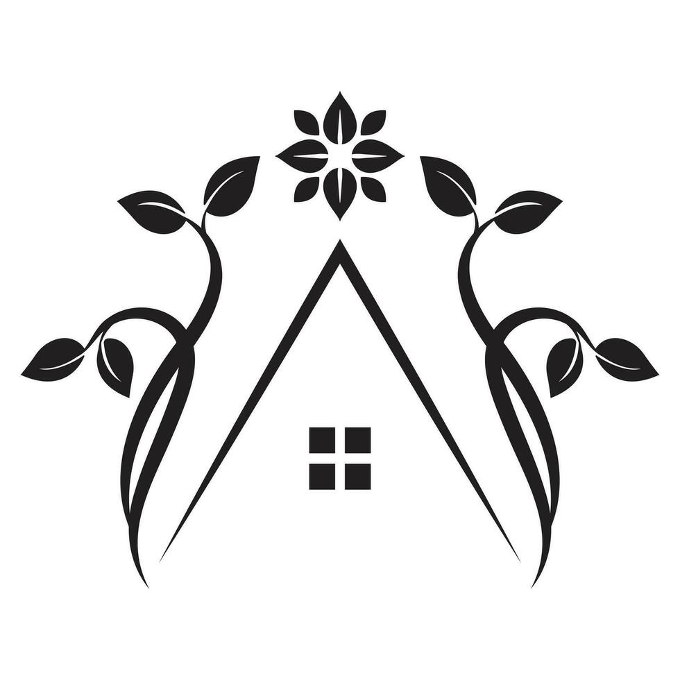 Haus mit Blätter und Blumen Symbol Design. Bauernhaus eben Symbol. vektor
