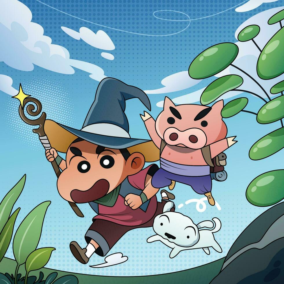 ein Junge im ein Magier Kostüm geht auf ein Abenteuer mit ein Hund und ein Schwein vektor