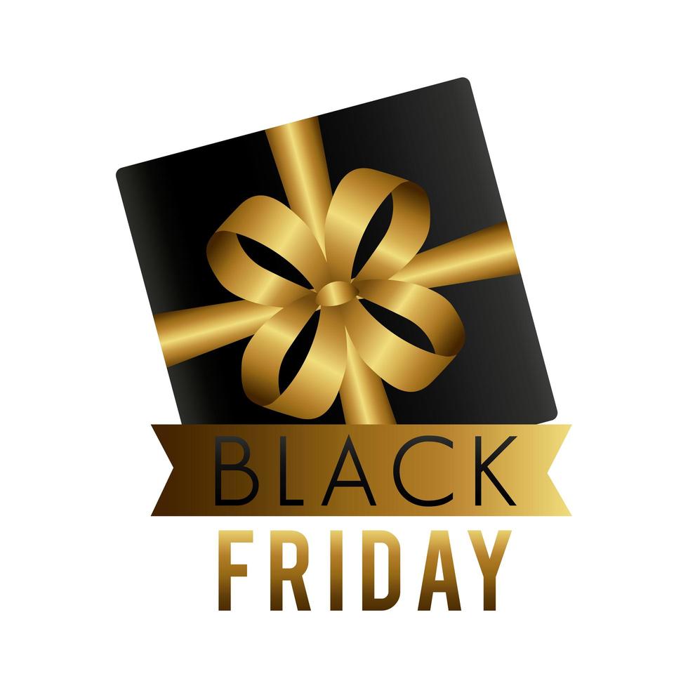 svart fredag försäljningsetikett med gåva och gyllene band vektor