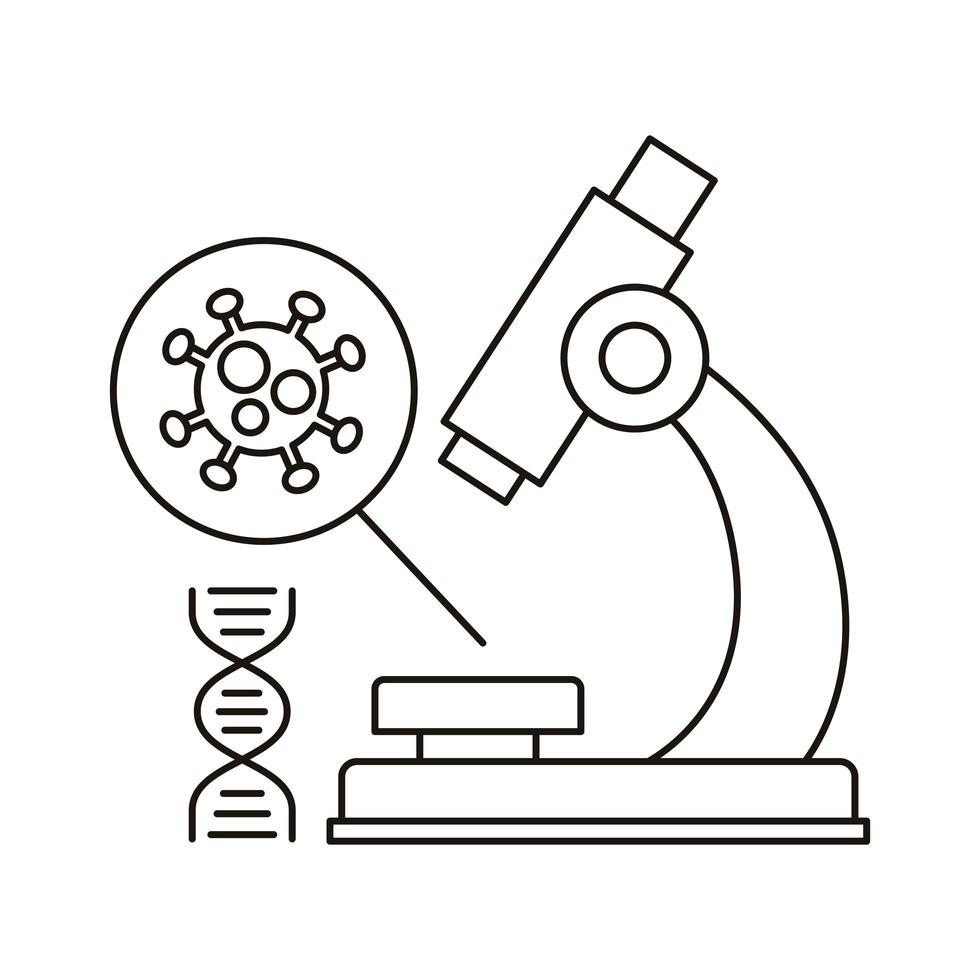 covid19 Partikel im Mikroskop und DNA Molekül Linie Stil Symbol vektor