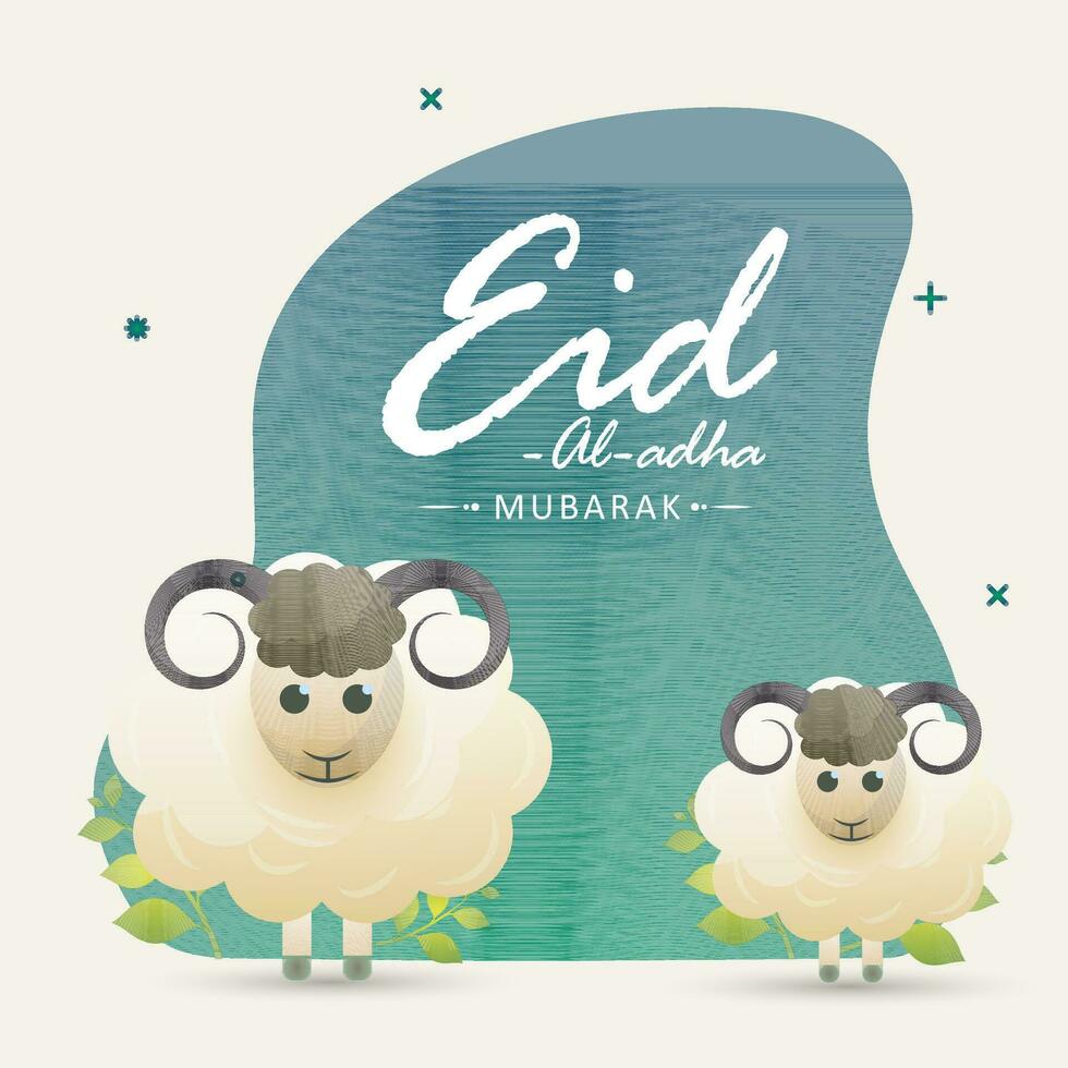 eid-al-adha mubarak hälsning kort med illustration av två tecknad serie får på abstrakt bakgrund. vektor