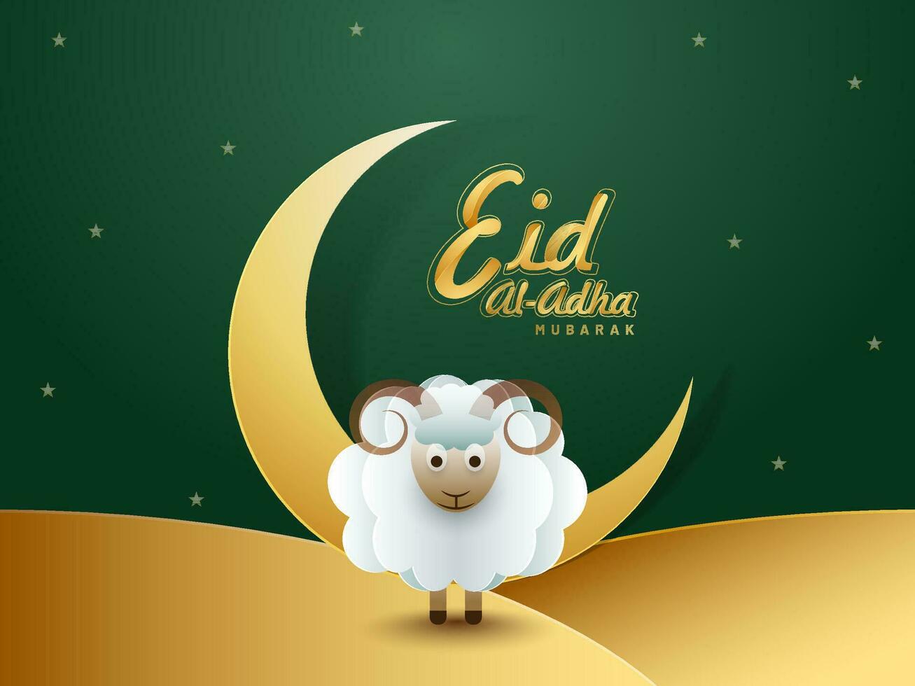 eid-al-adha mubarak begrepp med gyllene halvmåne måne och papper får på grön bakgrund. vektor