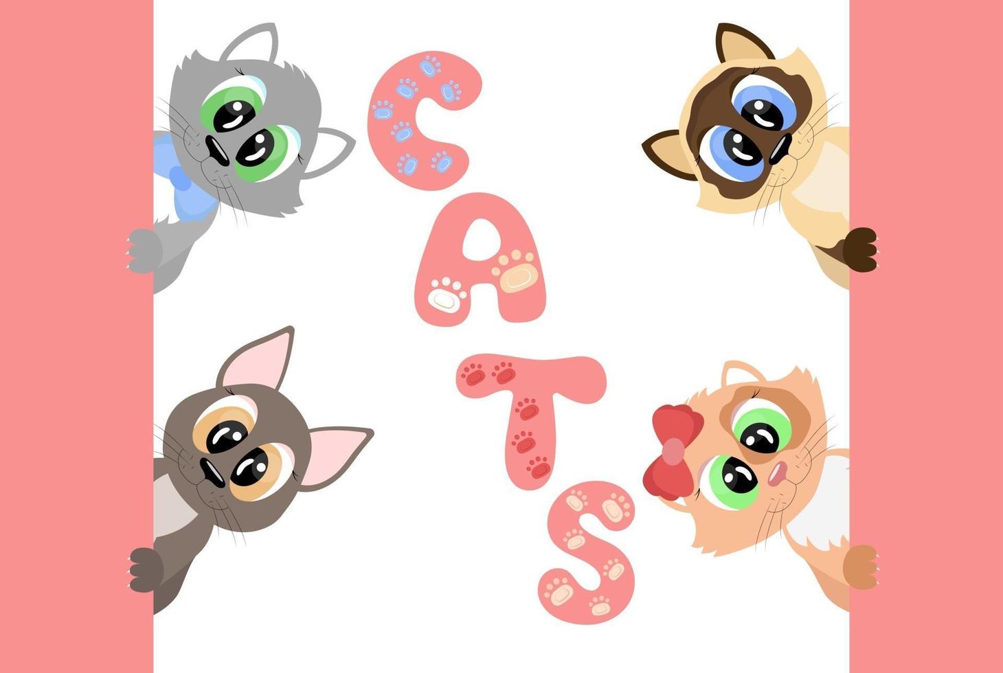 Cartoon Hauskatzen niedliche Kätzchen verschiedener Rassen mit großen Augen schauen von hinter der Wand und lächelnden Vektorillustration heraus vektor