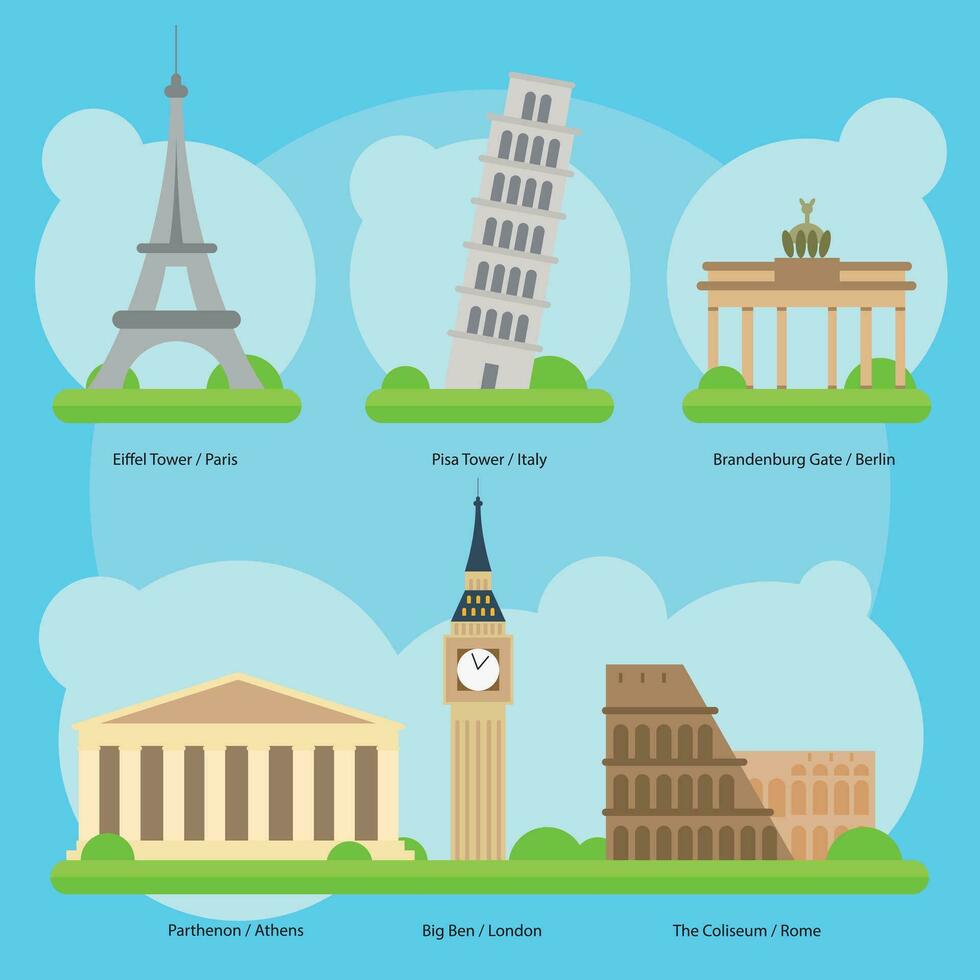 vektor illustration av monument och landmärken i Europa vol. 1. eiffel torn i paris, lutande torn av pisa, Brandenburg Port i berlin, parthenon - Grekland, stor ben - london, och de coliseum - rom