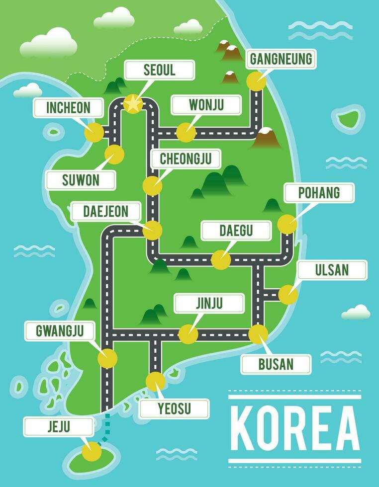 Karikatur Vektor Karte von Süd Korea. Reise Illustration mit Süd Koreanisch Main Städte.