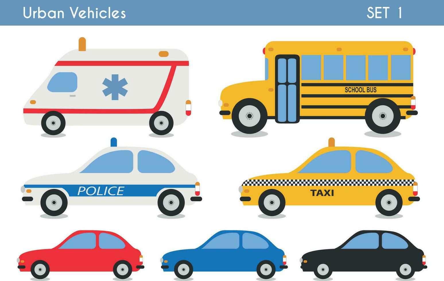 uppsättning av urban fordon. bilar, ambulans, taxi, skola buss och polis bil. vektor