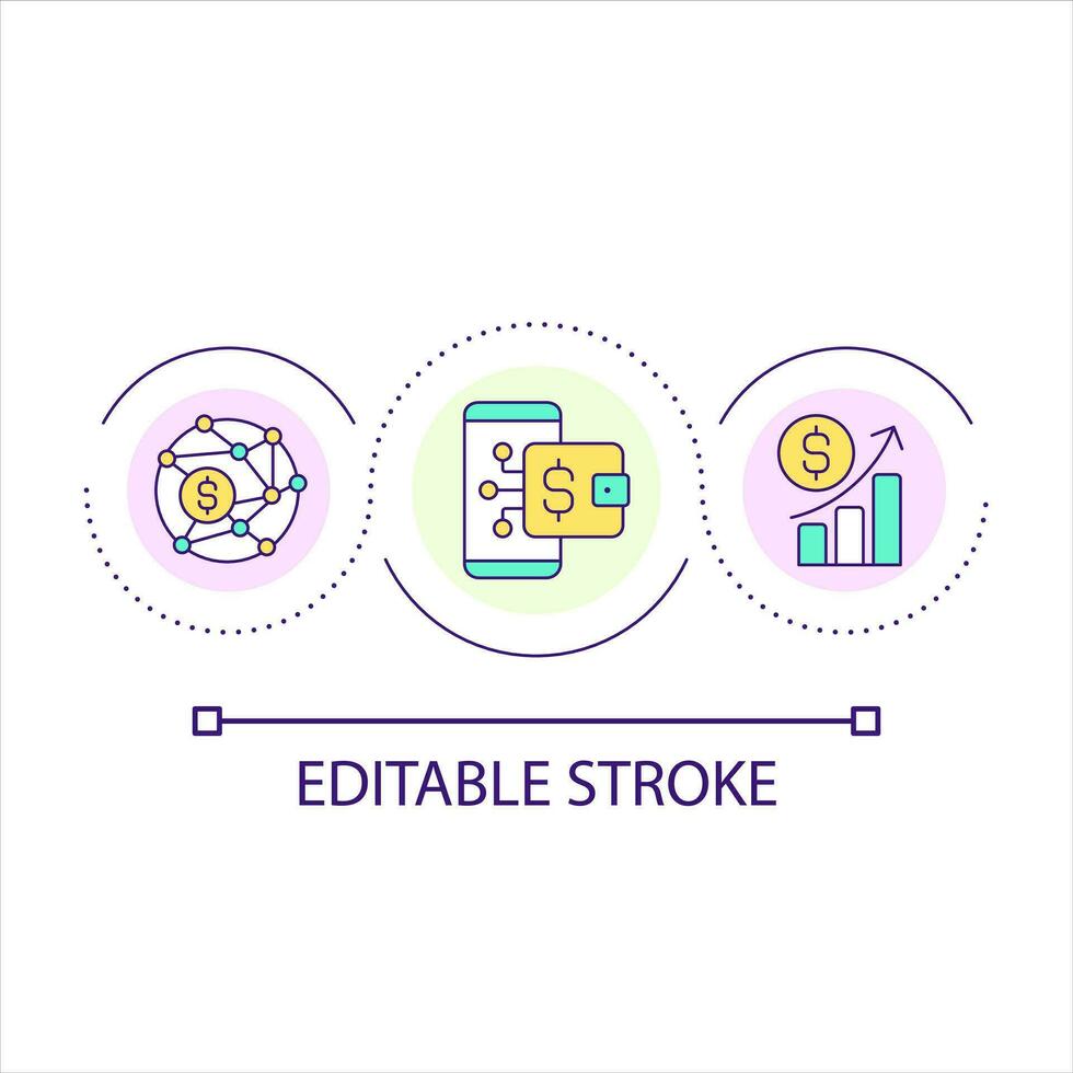 digitalisering av finansiell systemet slinga begrepp ikon. investering via mobil Ansökan. företag abstrakt aning tunn linje illustration. isolerat översikt teckning. redigerbar stroke vektor