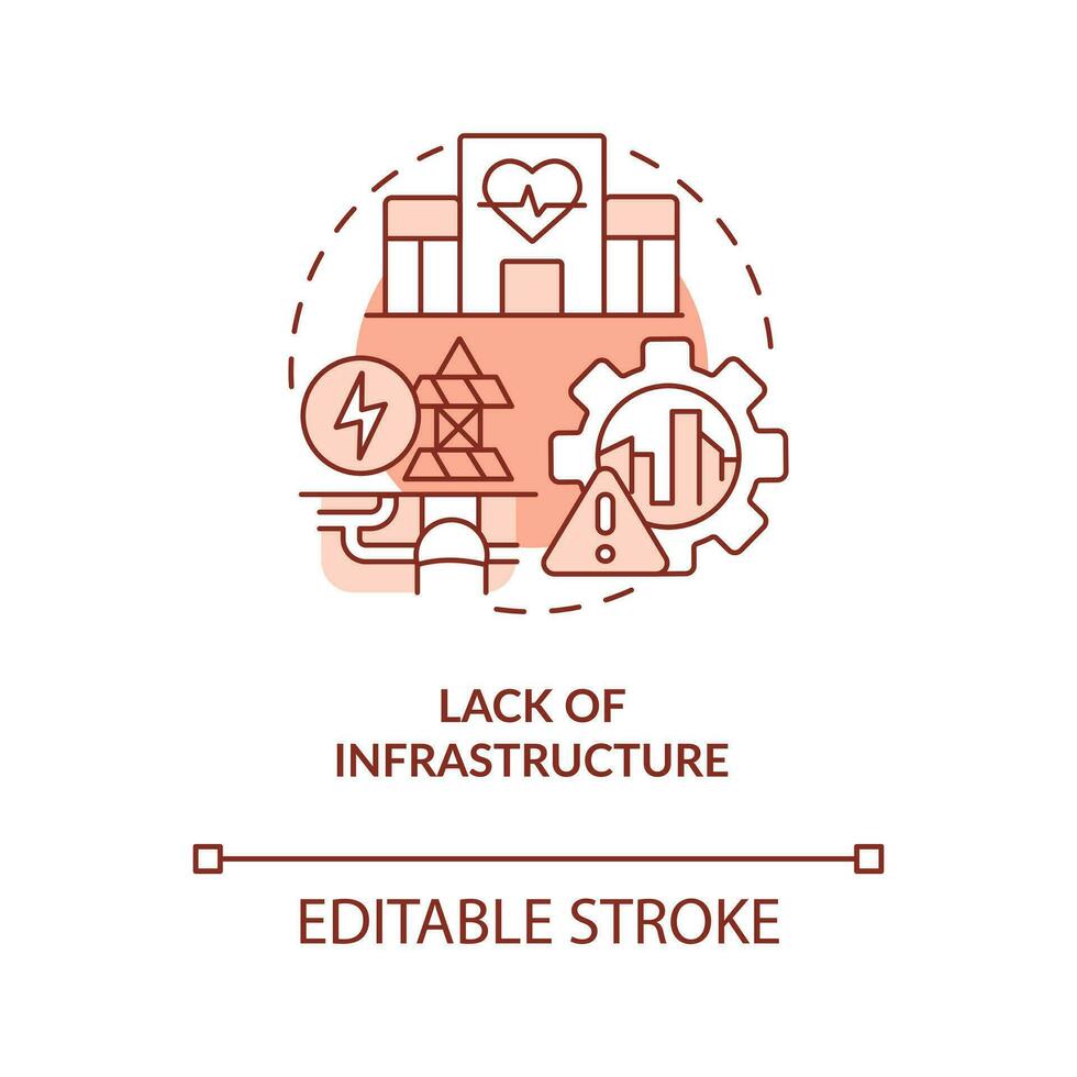 Mangel von Infrastruktur rot Konzept Symbol. Entstehung von inklusive Wirtschaft Wachstum abstrakt Idee dünn Linie Illustration. isoliert Gliederung Zeichnung. editierbar Schlaganfall vektor