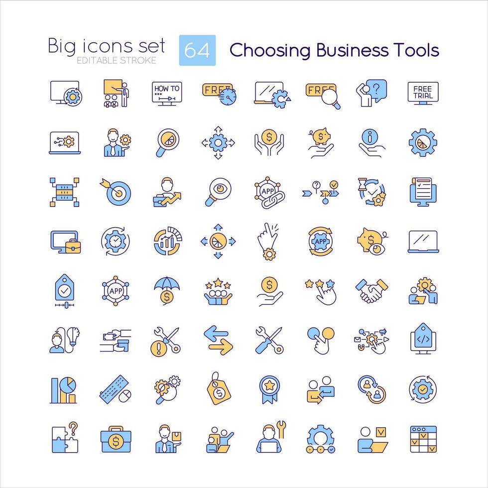 wählen Geschäft Werkzeuge rgb Farbe Symbole Satz. Software Auswahl. Marke Entwicklung. isoliert Vektor Illustrationen. einfach gefüllt Linie Zeichnungen Sammlung. editierbar Schlaganfall