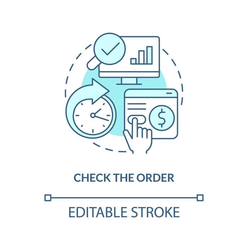 prüfen bestellen Türkis Konzept Symbol. Sein Vorsichtig mit Transaktionen. online investieren abstrakt Idee dünn Linie Illustration. isoliert Gliederung Zeichnung. editierbar Schlaganfall vektor