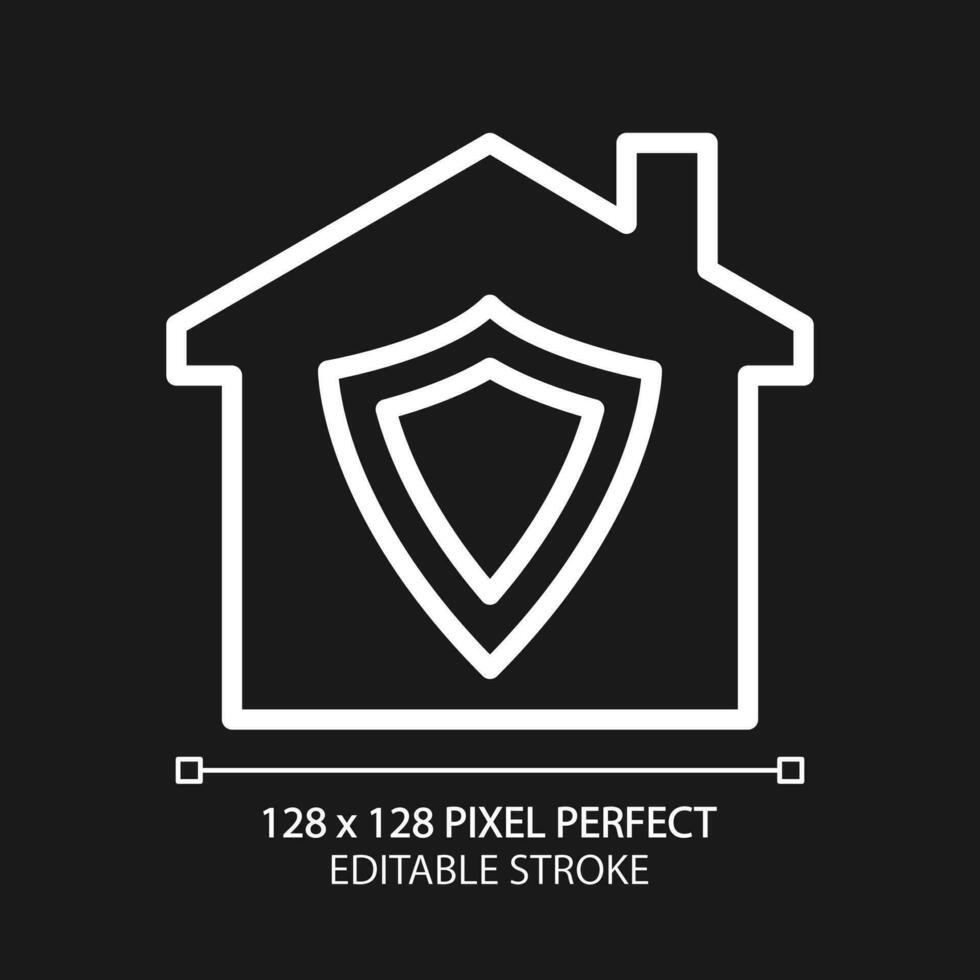 Hem säkerhet pixel perfekt vit linjär ikon för mörk tema. inbrott förebyggande. försäkring. automatiserad säkerhet systemet. tunn linje illustration. isolerat symbol för natt läge. redigerbar stroke vektor