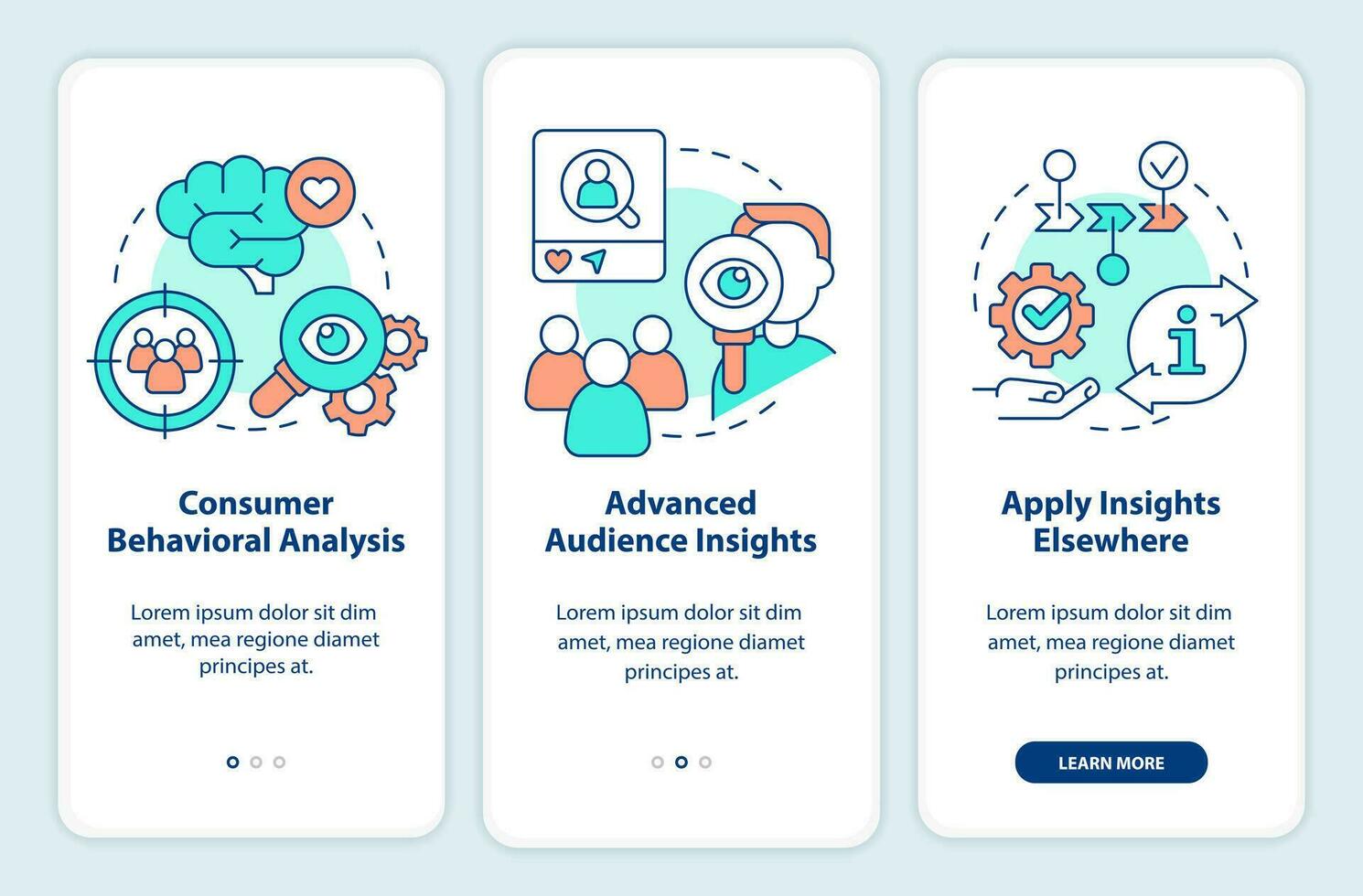 förstå konsument beteende onboarding mobil app skärm. marknadsföring genomgång 3 steg redigerbar grafisk instruktioner med linjär begrepp. ui, ux, gui mallar vektor