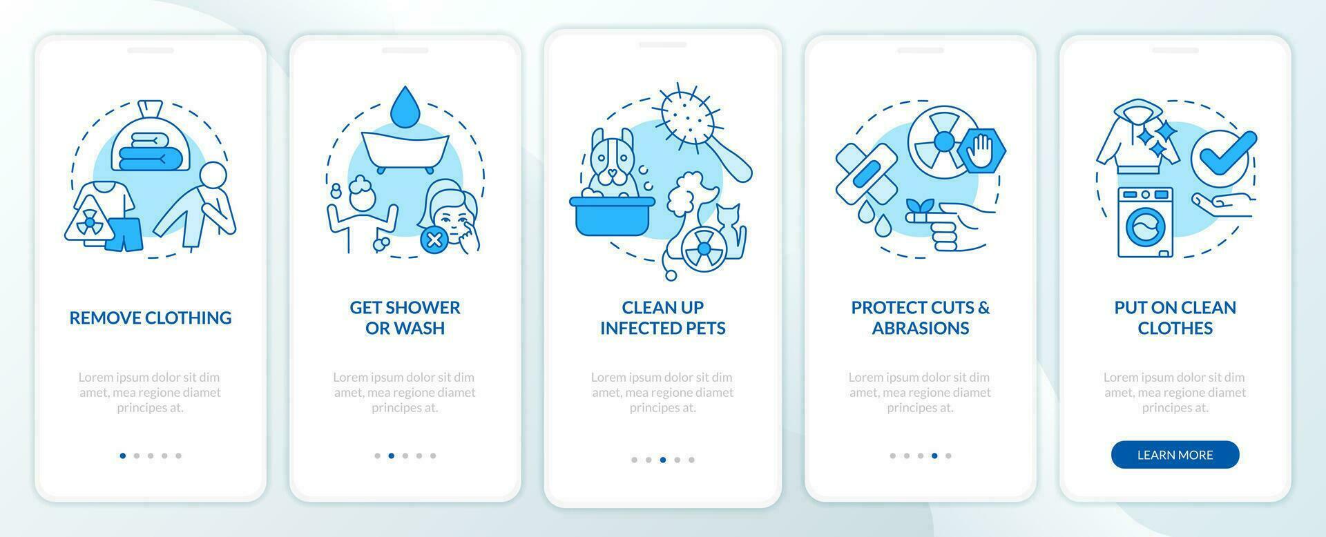 dekontaminieren nach Strahlung Blau Onboarding Handy, Mobiltelefon App Bildschirm. Komplettlösung 5 Schritte editierbar Grafik Anleitung mit linear Konzepte. ui, ux, gui Vorlage vektor