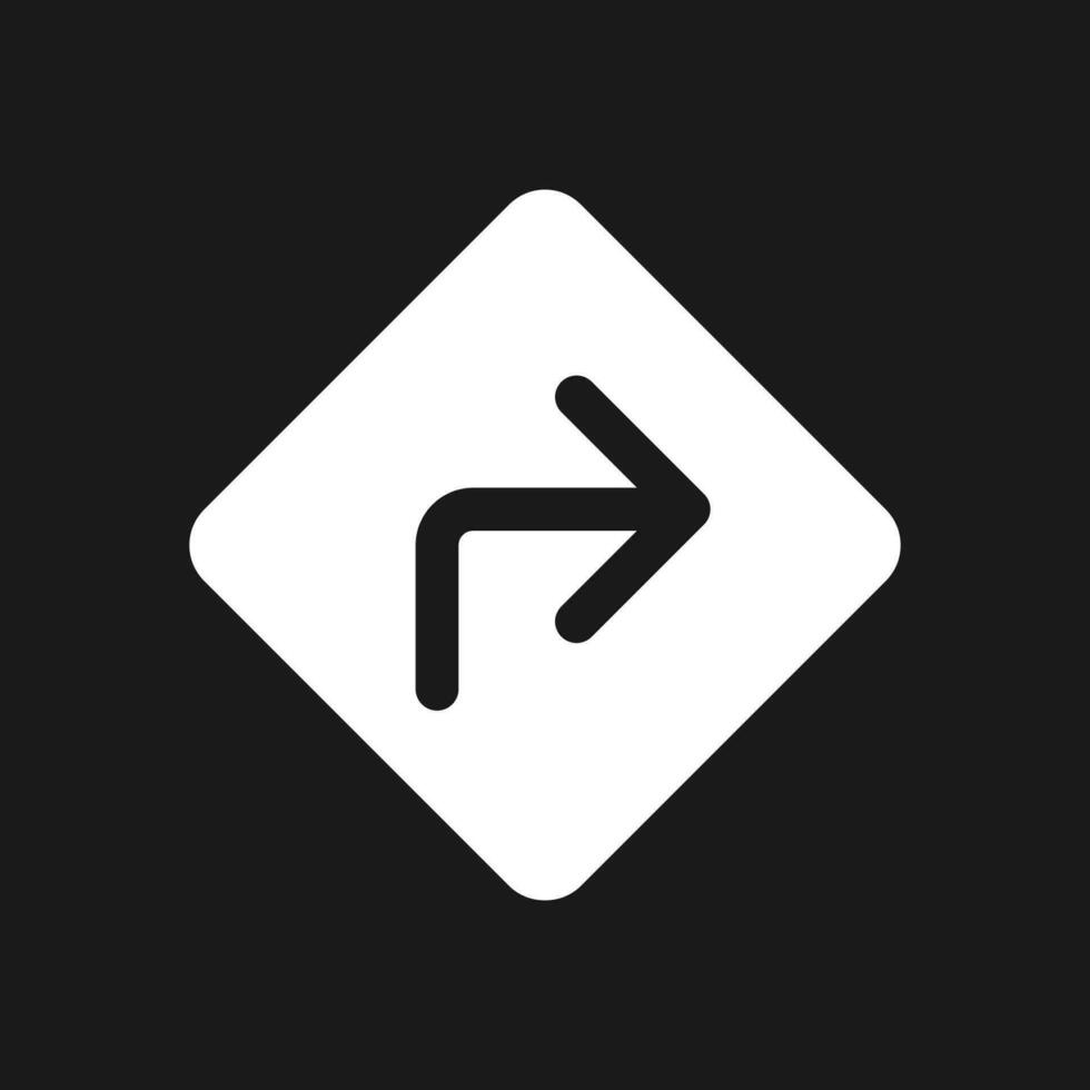 väg tecken med vändning rätt riktning mörk läge glyf ui ikon. användare gränssnitt design. vit silhuett symbol på svart Plats. fast piktogram för webb, mobil. vektor isolerat illustration