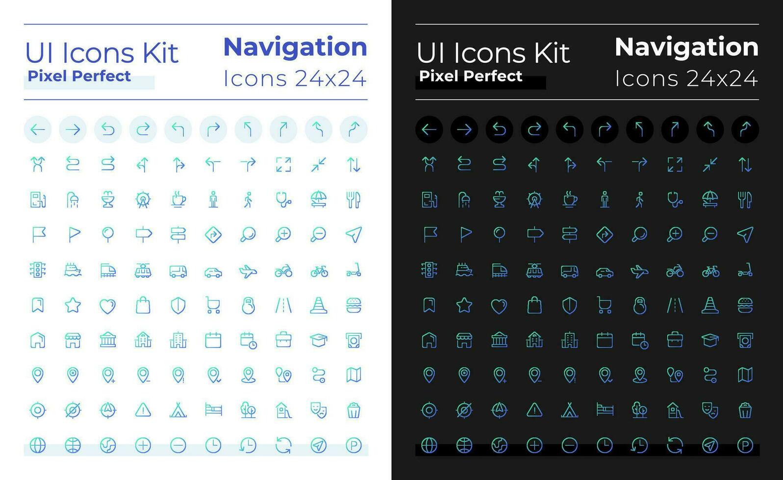 Geographisches Positionierungs System und Navigation Pixel perfekt Gradient linear ui Symbole einstellen zum dunkel, Licht Modus. Linie Kontur Benutzer Schnittstelle Symbole. Vektor isoliert Gliederung Abbildungen