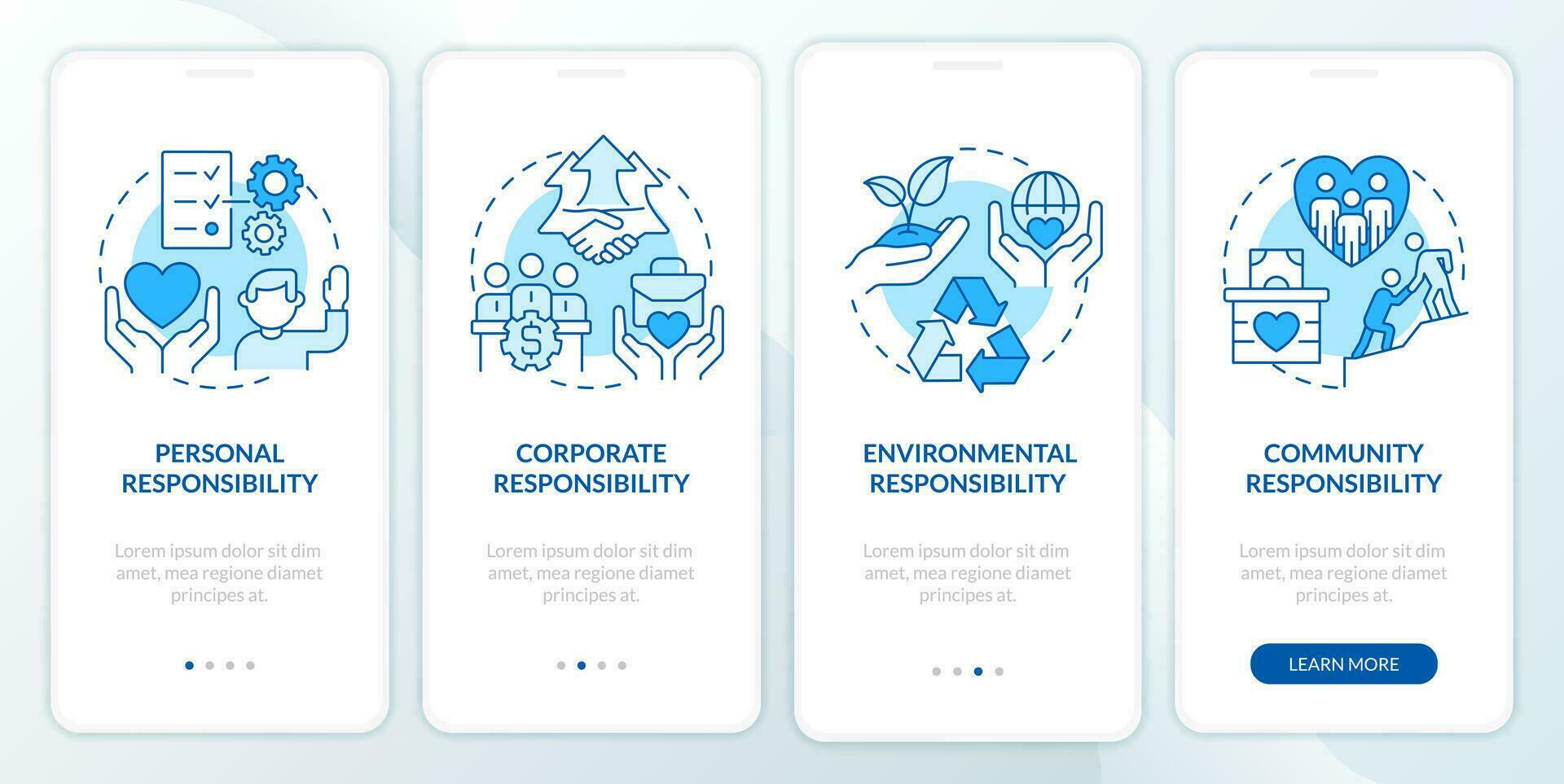 Typen von csr Blau Onboarding Handy, Mobiltelefon App Bildschirm. persönlich Verantwortung Komplettlösung 4 Schritte editierbar Grafik Anweisung mit linear Konzepte. ui, ux, gui Vorlage vektor