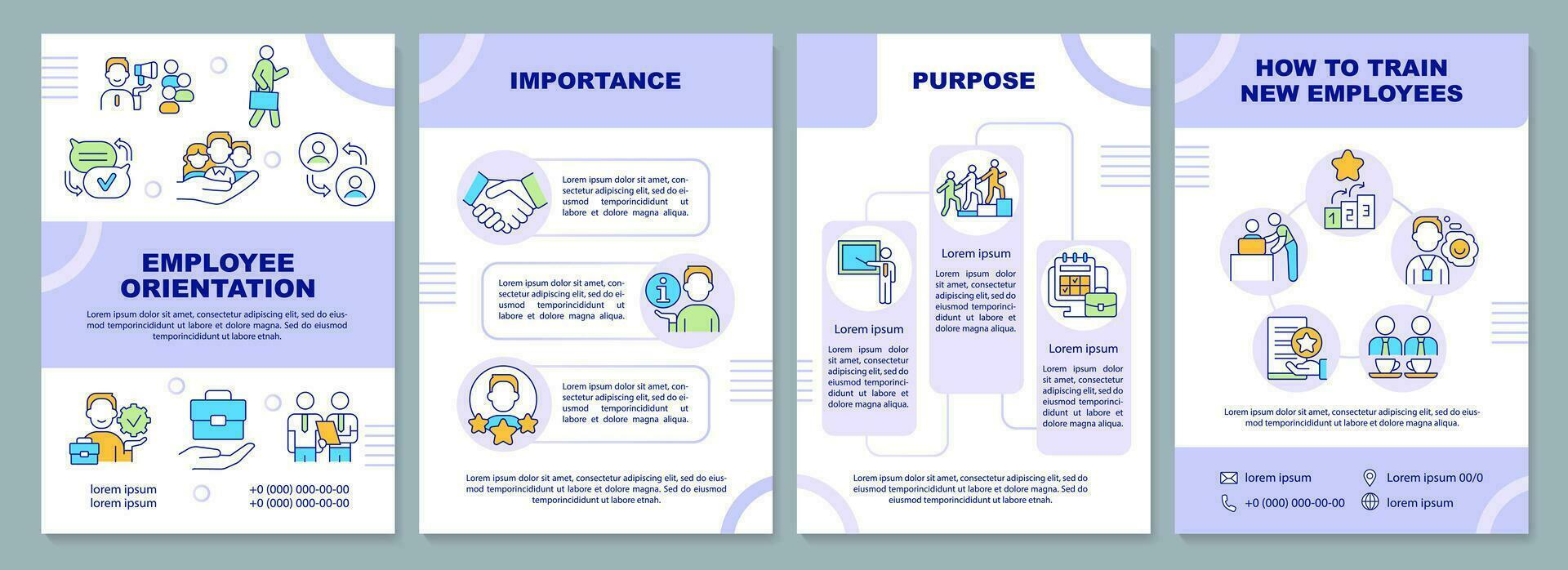 Mitarbeiter Orientierung lila Broschüre Vorlage. Onboarding. Flugblatt Design mit linear Symbole. editierbar 4 Vektor Layouts zum Präsentation, jährlich Berichte