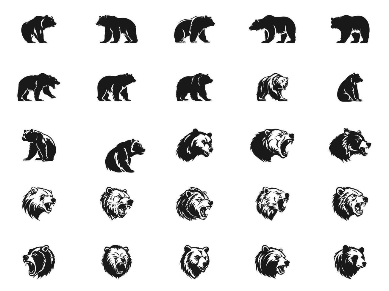 grafisch einstellen von Bären auf Schwarz, Grizzly Bär und Panda Vektor Elemente. Bären zum Drucken, entwerfen, tätowieren und Logo