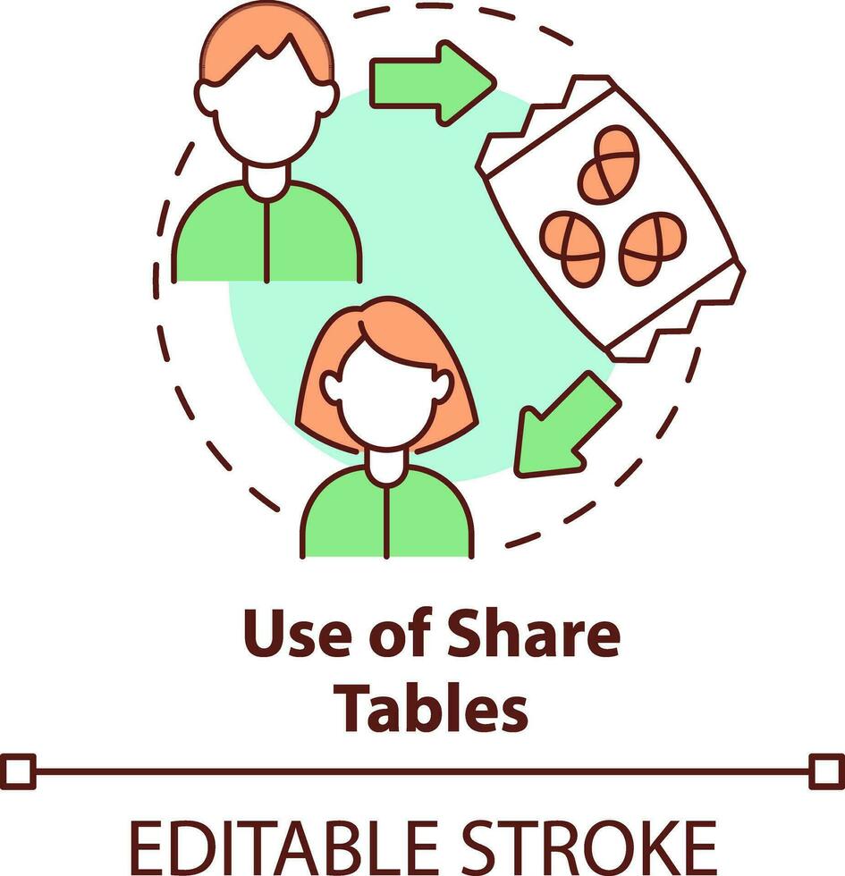 använda sig av av dela med sig tabeller begrepp ikon. skola lunch program betydelse abstrakt aning tunn linje illustration. minska mat avfall. isolerat översikt teckning. redigerbar stroke vektor