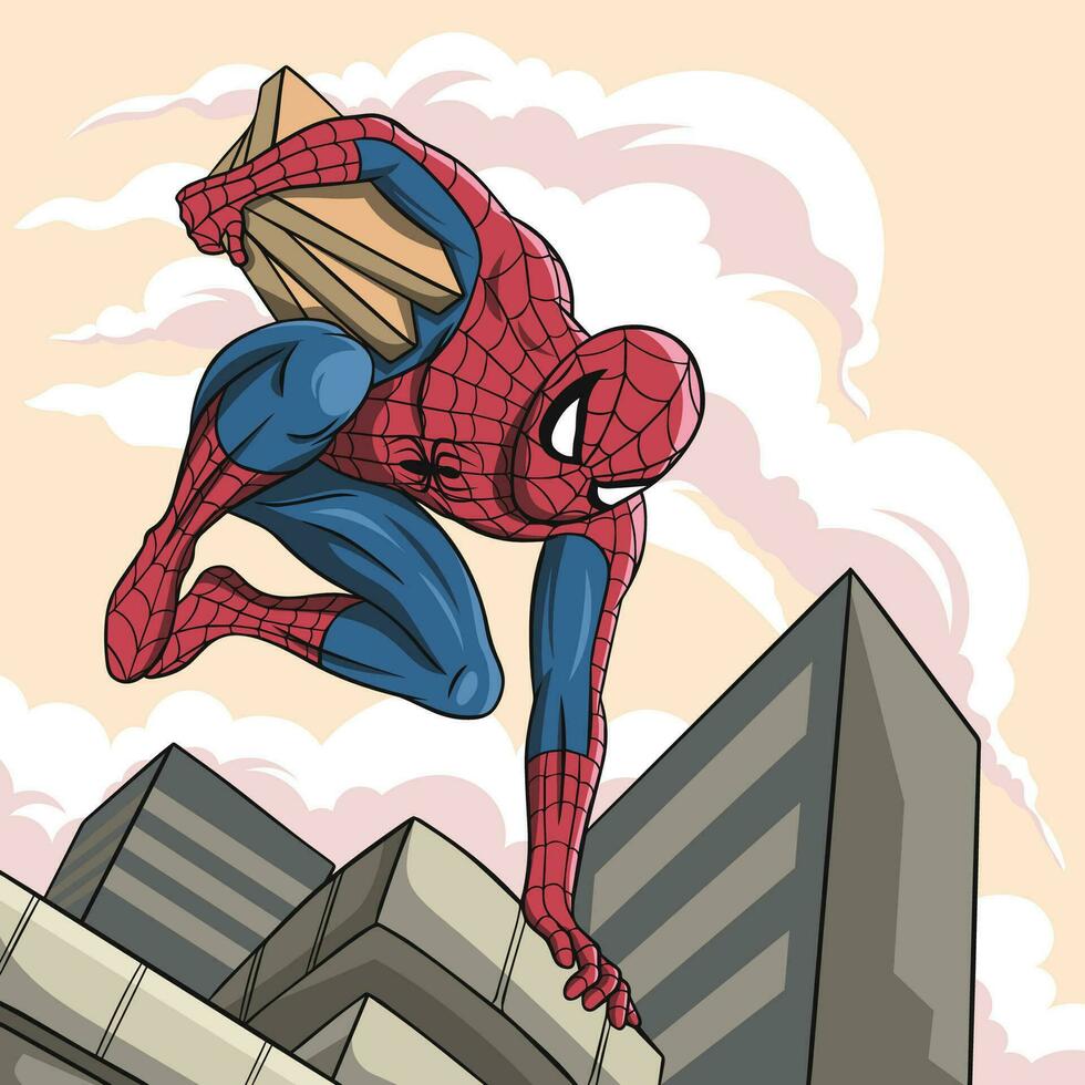 Spindel superhjälte Hoppar över de byggnader vektor