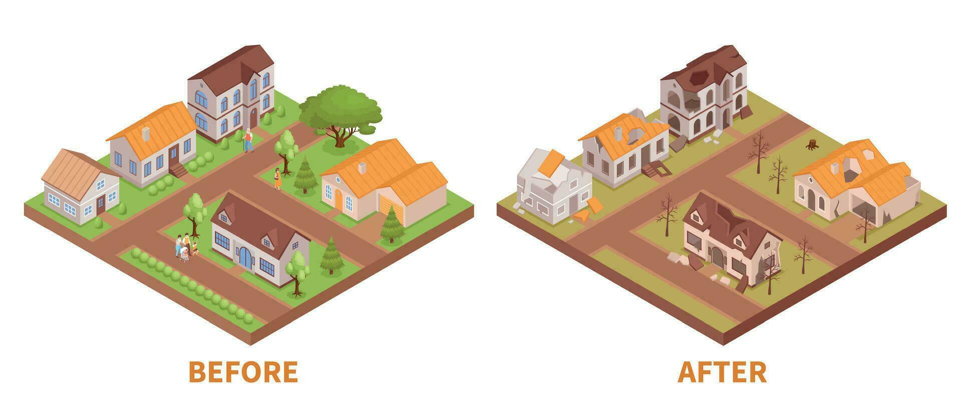 byggnader innan och efter katastrof vektor