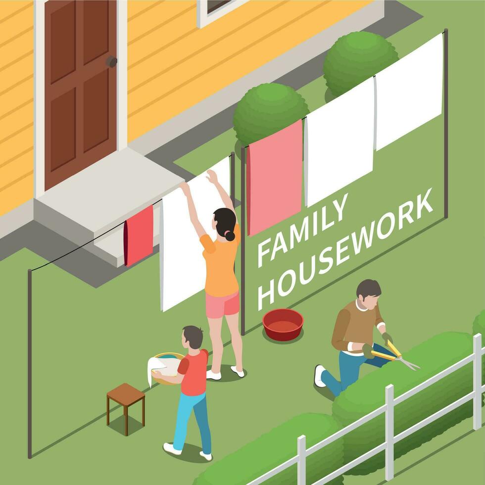 Familie Hausarbeit isometrisch Hintergrund vektor