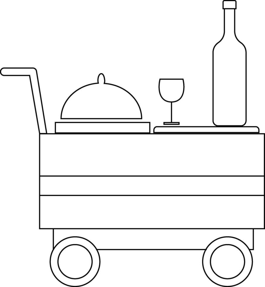 schwarz Linie Kunst Portion Tablett, Cocktail Glas und Flasche auf Wagen. vektor