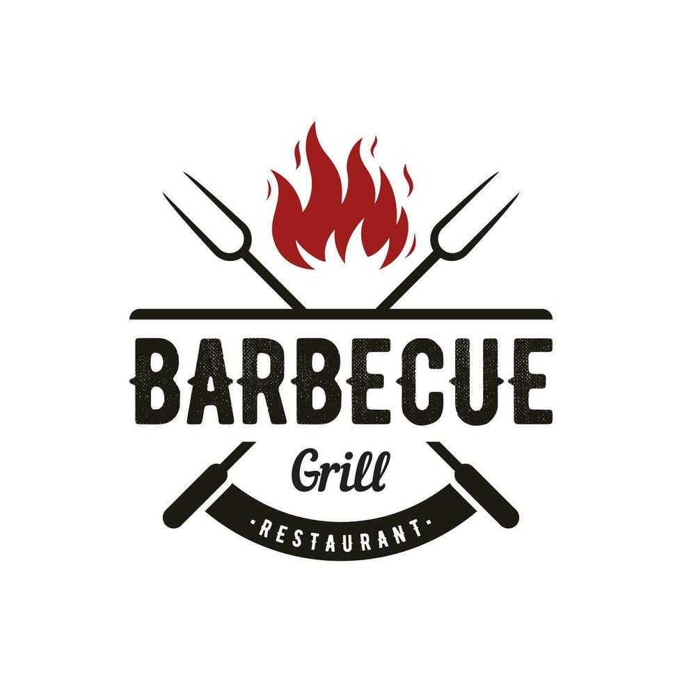 bbq varm grill årgång typografi logotyp mall design med korsade lågor och spatel. logotyp för restaurang, bricka, Kafé och bar. vektor