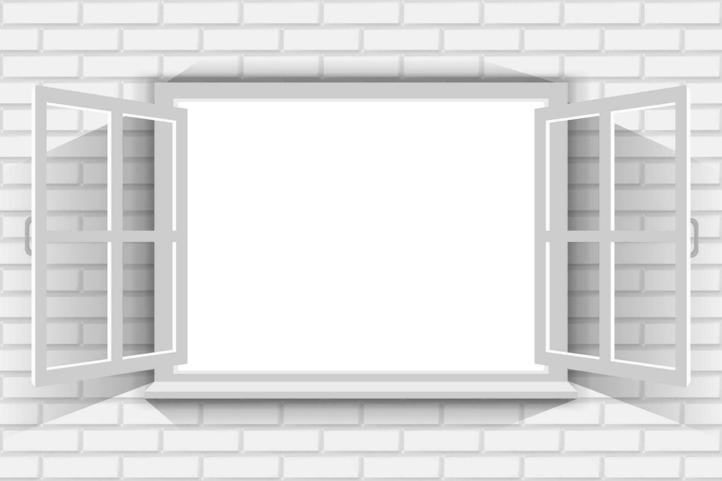 öffnen Weiß Fenster auf Backstein Mauer mit leer Weiß Hintergrund. Kopieren Raum zum Ihre Design. vektor
