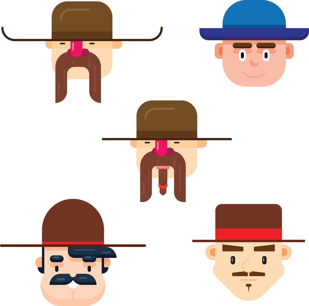 Satz von fünf Manngesichtern, die einen langen Hut mit verschiedenen Schnurrbartstilen tragen vektor