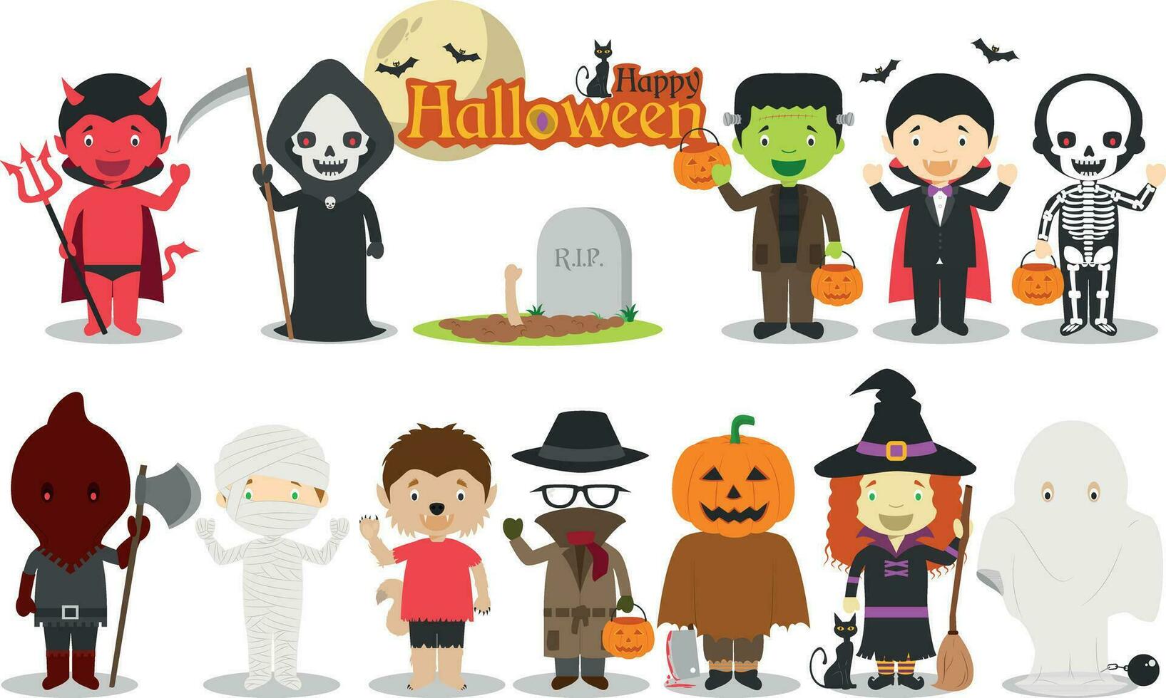 einstellen von Halloween Figuren, einschließlich Dracula, Frankenstein, Teufel, Hexe, Skelett, Kürbis, Mama und mehr. Vektor Illustration