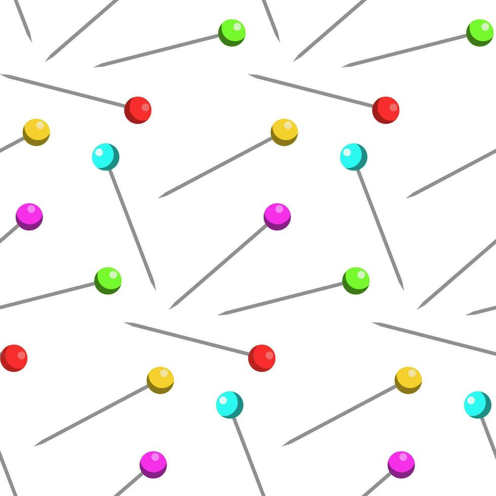 en mönster av handarbete element i de form av nålar med färgad pärlor på en vit bakgrund. passande med dekorativ stift, nålar, pärlor, pärlor av ljus färger. utskrift på textilier och papper vektor