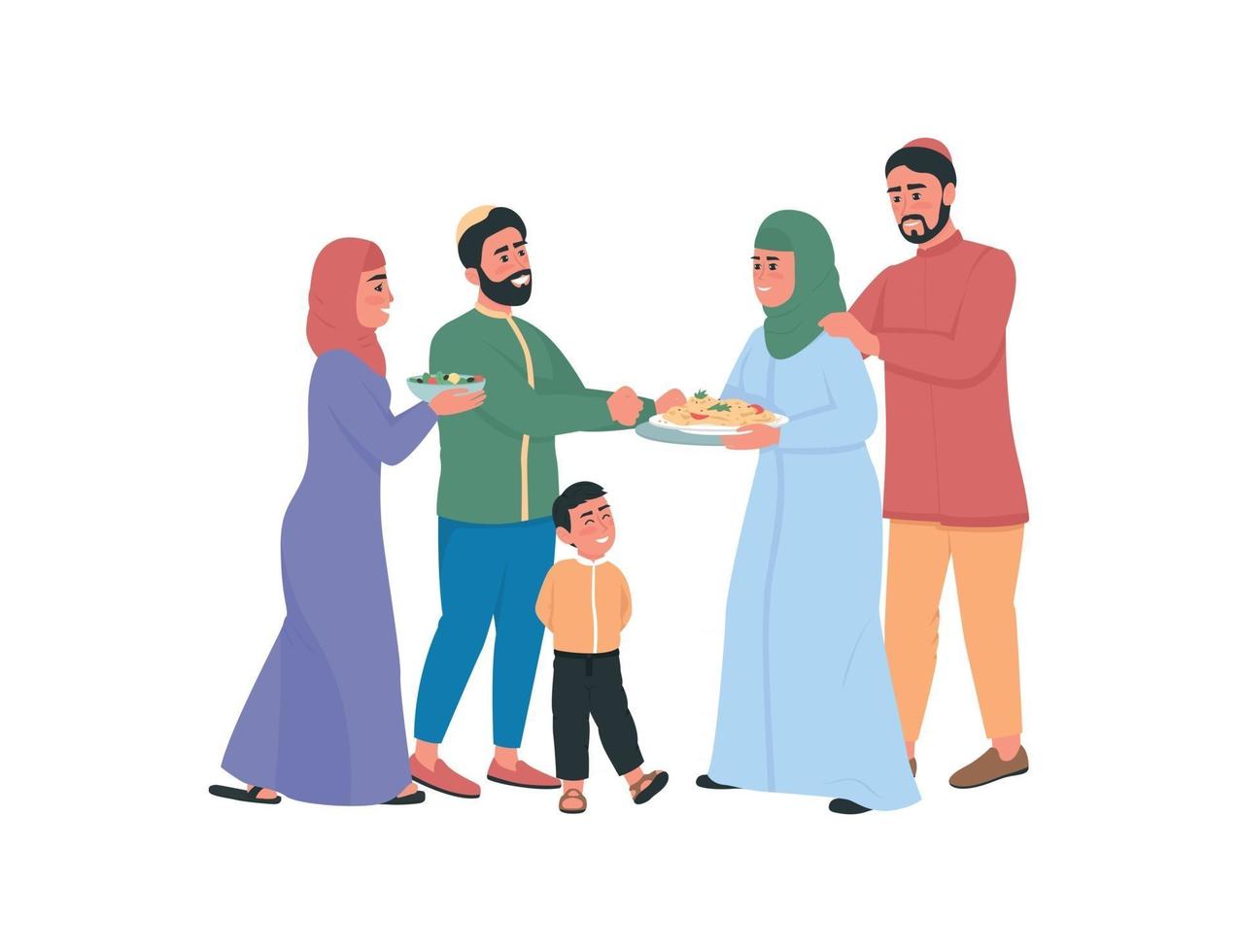 glückliche arabische Familien, die Lebensmittel flache Farbvektor gesichtslose Zeichen austauschen vektor