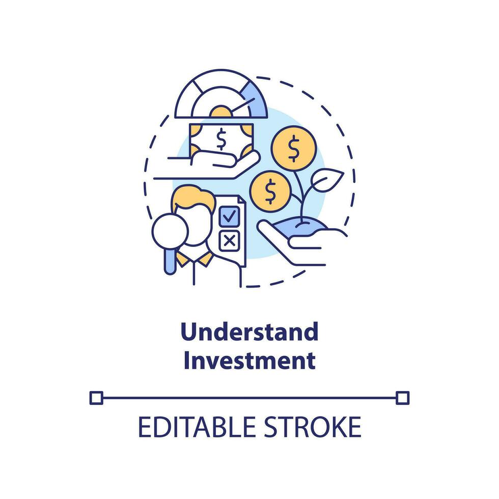 förstå investering begrepp ikon. pengar förvaltning. finansiell Framgång regel abstrakt aning tunn linje illustration. isolerat översikt teckning. redigerbar stroke vektor