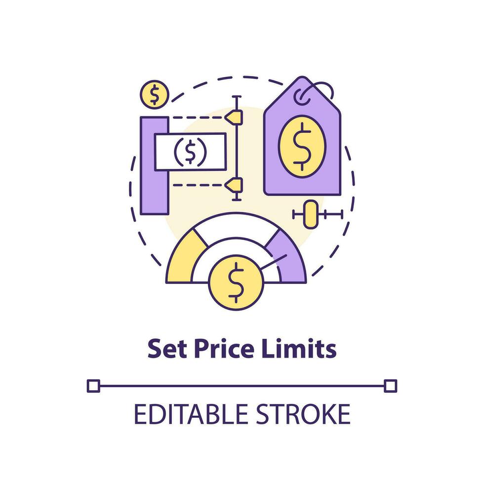 uppsättning pris begränsa begrepp ikon. justera köpa och sälja bearbeta. uppkopplad investera abstrakt aning tunn linje illustration. isolerat översikt teckning. redigerbar stroke vektor