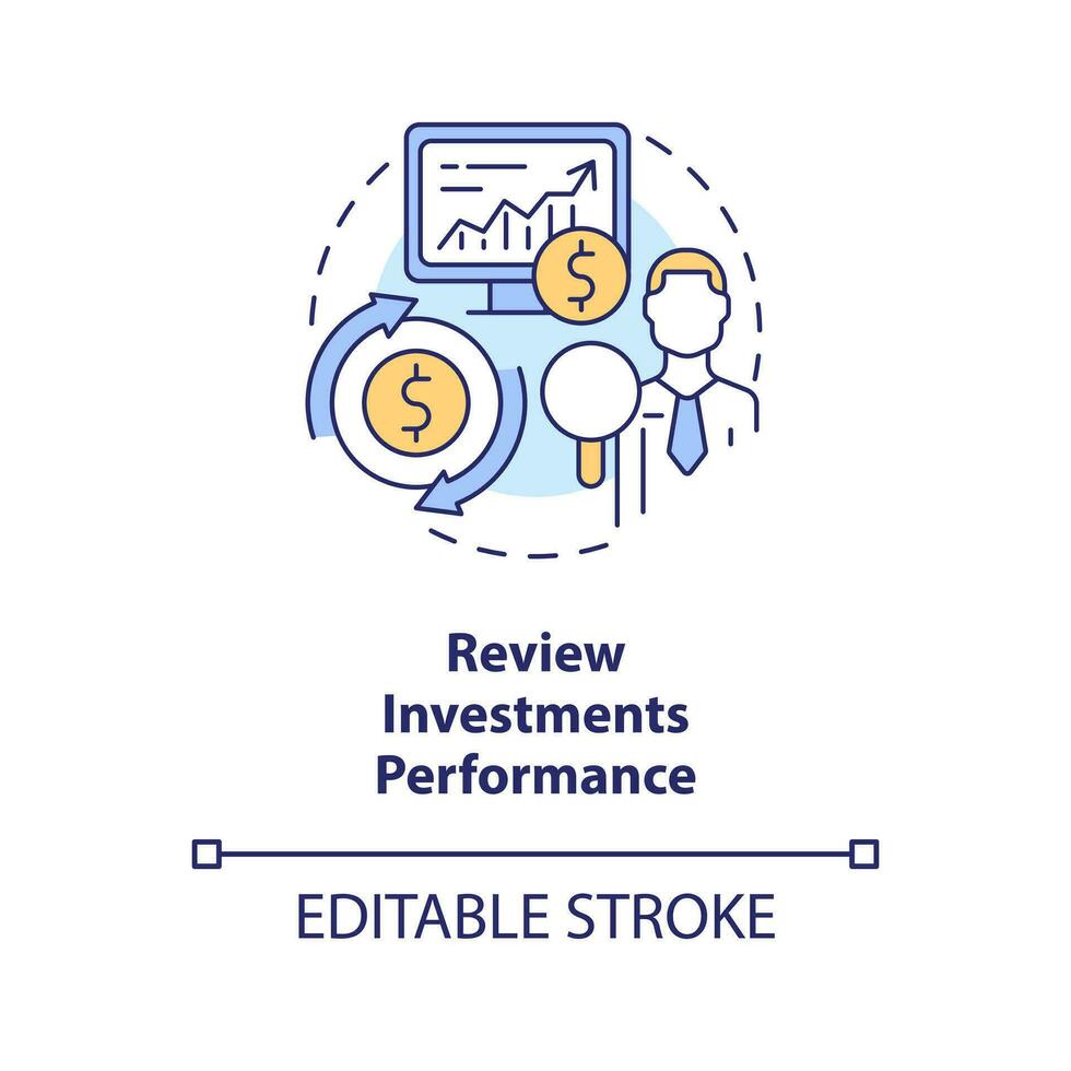 recension investeringar prestanda begrepp ikon. data analyserar. finansiell strategi abstrakt aning tunn linje illustration. isolerat översikt teckning. redigerbar stroke vektor