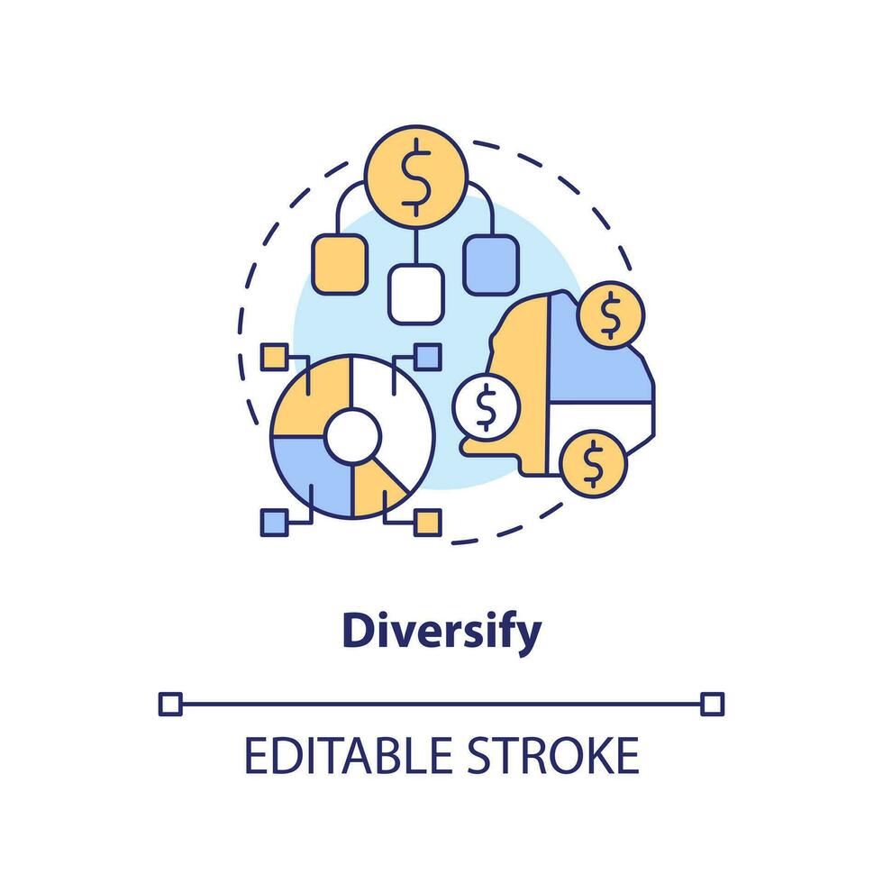 diversifiera begrepp ikon. spridning pengar tvärs över medel. regel av investera abstrakt aning tunn linje illustration. isolerat översikt teckning. redigerbar stroke vektor