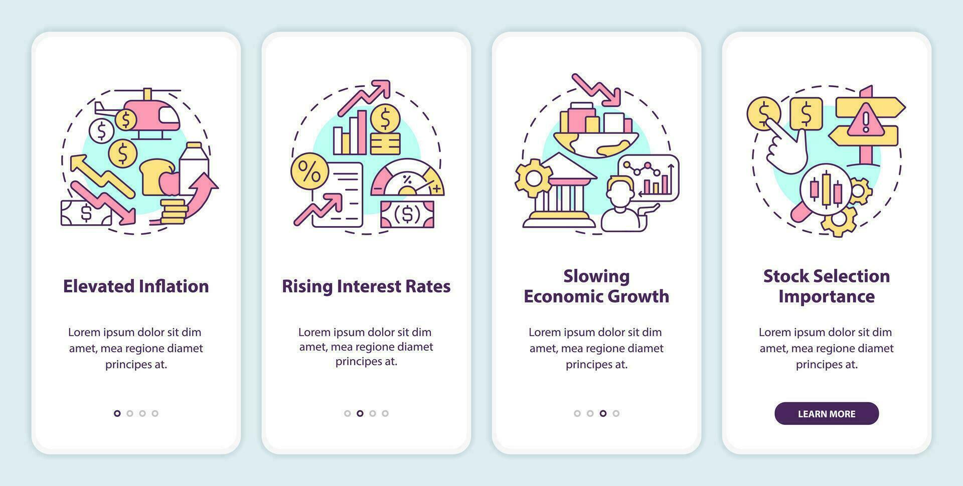 Lager Markt Trends Onboarding Handy, Mobiltelefon App Bildschirm. Tendenzen Komplettlösung 4 Schritte editierbar Grafik Anleitung mit linear Konzepte. ui, ux, gui Vorlage vektor