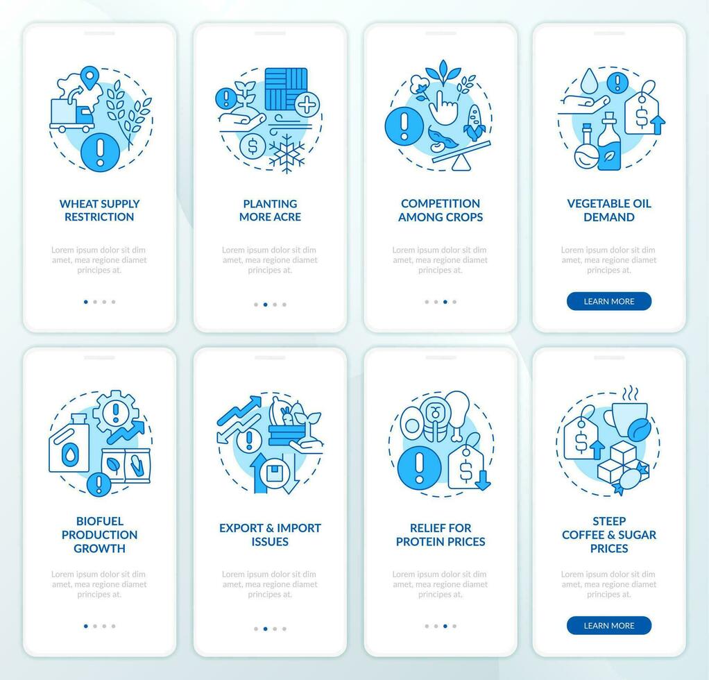 Landwirtschaft Herausforderungen Blau Onboarding Handy, Mobiltelefon App Bildschirm Satz. Landwirtschaft Komplettlösung 4 Schritte editierbar Grafik Anleitung mit linear Konzepte. ui, ux, gui Vorlage vektor