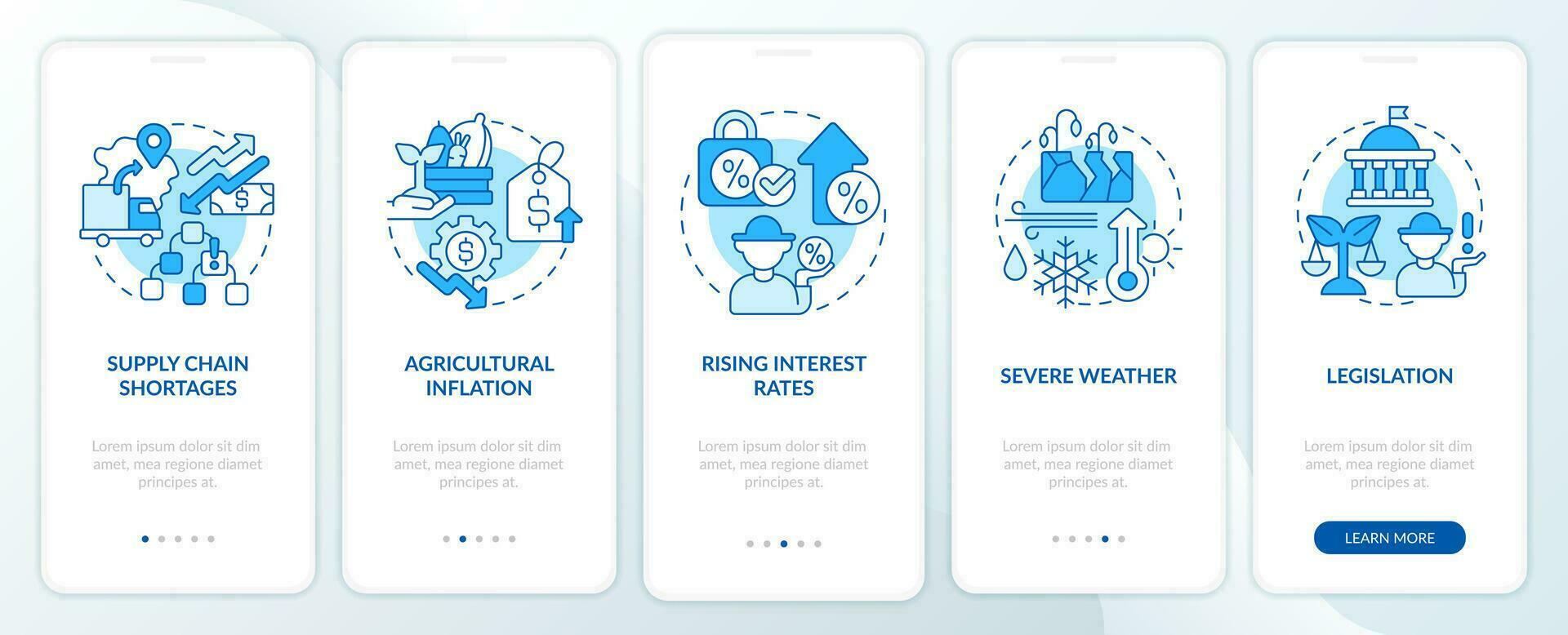 Agro Wirtschaft Probleme Blau Onboarding Handy, Mobiltelefon App Bildschirm. Komplettlösung 5 Schritte editierbar Grafik Anleitung mit linear Konzepte. ui, ux, gui Vorlage vektor