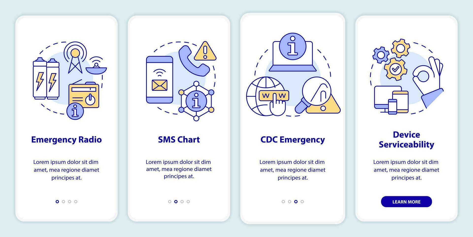 Wege zu bleibe abgestimmt Onboarding Handy, Mobiltelefon App Bildschirm. nuklear Katastrophe Komplettlösung 5 Schritte editierbar Grafik Anleitung mit linear Konzepte. ui, ux, gui Vorlage vektor