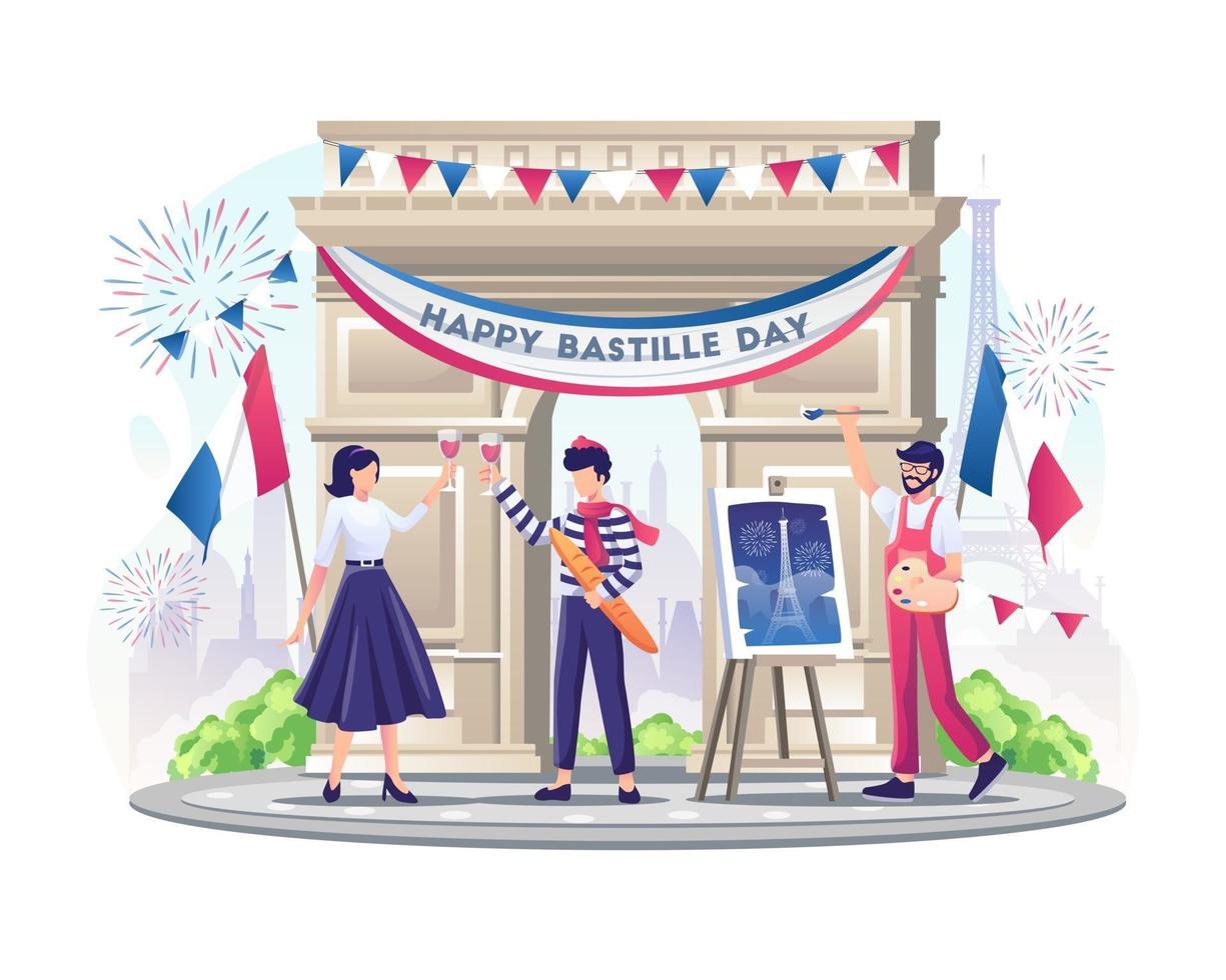 lyckliga franska par och målare firar bastilledagen den 14 juli illustrationen vektor
