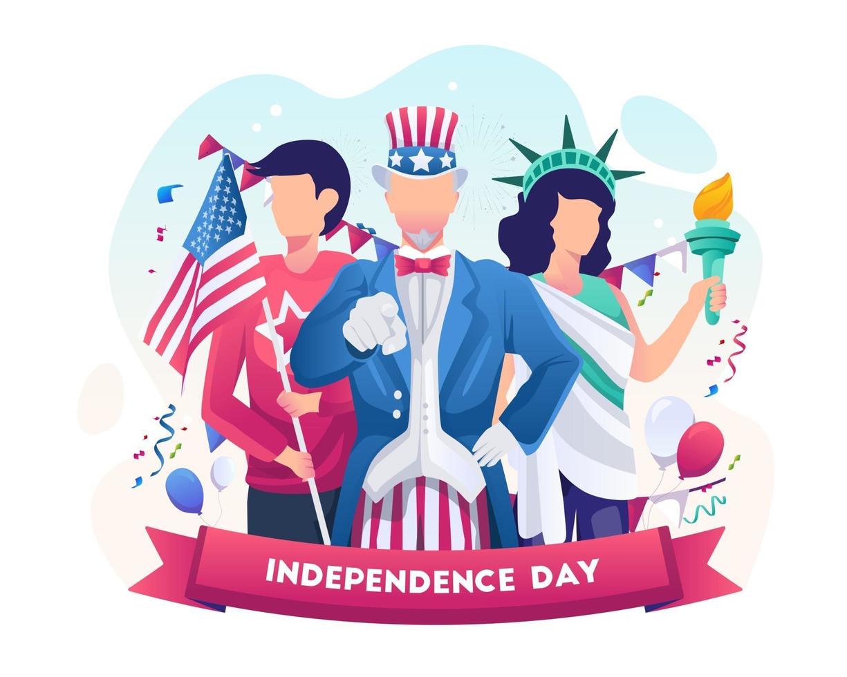 Onkel Sam und Frau mit Freiheit Outfit feiern nationalen Unabhängigkeitstag 4. Juli Illustration vektor