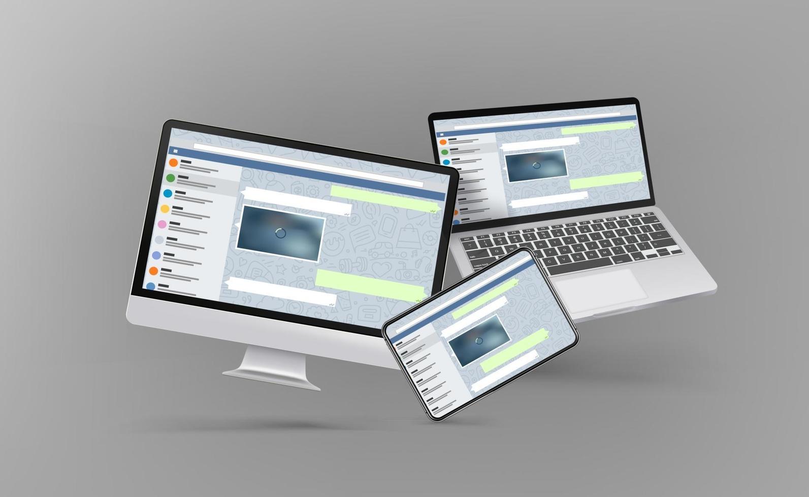 modern stationär persondator bärbar dator och surfplatta mockup med messenger gränssnitt på skärmar vektor