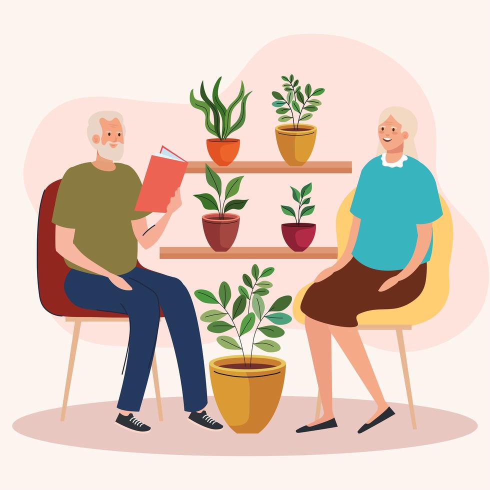 älteres altes Ehepaar sitzt auf dem Stuhl im Garten vektor